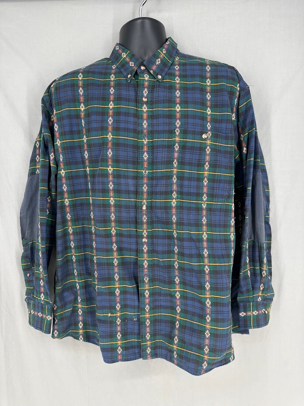 Vintage Shirt Mens Large Blue Plaid Aztec Button Elbow Patch Western Green